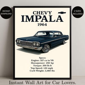 May include: A framed print featuring a navy blue 1964 Chevy Impala. The print includes specifications such as engine size, horsepower, and top speed. The text "CHEVY IMPALA 1964" is displayed above the car image. The print is labeled "Instant Wall Art for Car Lovers."