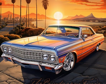 Chevy Impala Lowrider Sunset Art Print | Poster Printable Digital