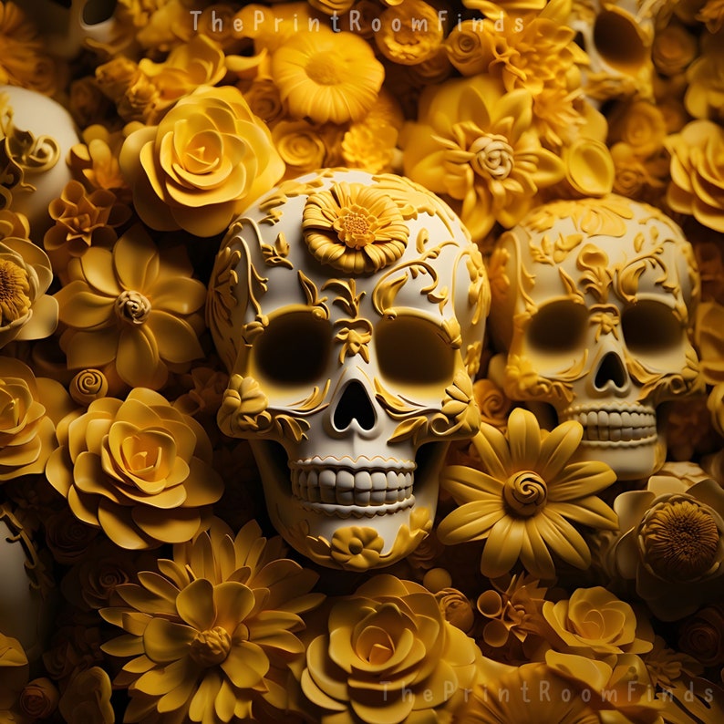 May include: Two white sugar skulls with intricate yellow floral designs are surrounded by yellow flowers. The skulls are a popular symbol of Day of the Dead.
