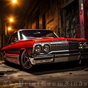 Digital Print Red Chevy Impala Classic 1964 Lowrider Profile Shot Gifts For Car Guys Vintage Car Prints Car Enthusiast Gift image 1