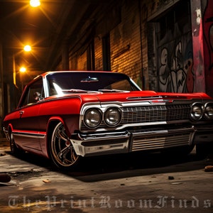Digital Print Red Chevy Impala | Classic 1964 Lowrider Profile Shot | Gifts For Car Guys | Vintage Car Prints | Car Enthusiast Gift