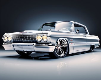 Classic Car Art Print | Silver 64 Impala Lowrider | Gift for Car Guys | Poster Printable Digital Download svg png jpg pdf | Lowrider PNG