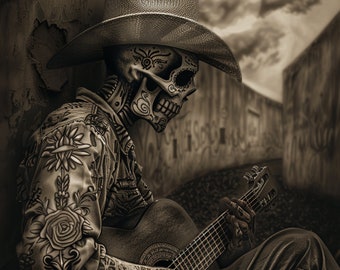 Day of the Dead Guitar Skeleton PNG Artwork - Digital Download | Day Of The Dead PNG | Mexican Folk Art | Dia De Los Muertos | Chicano Art