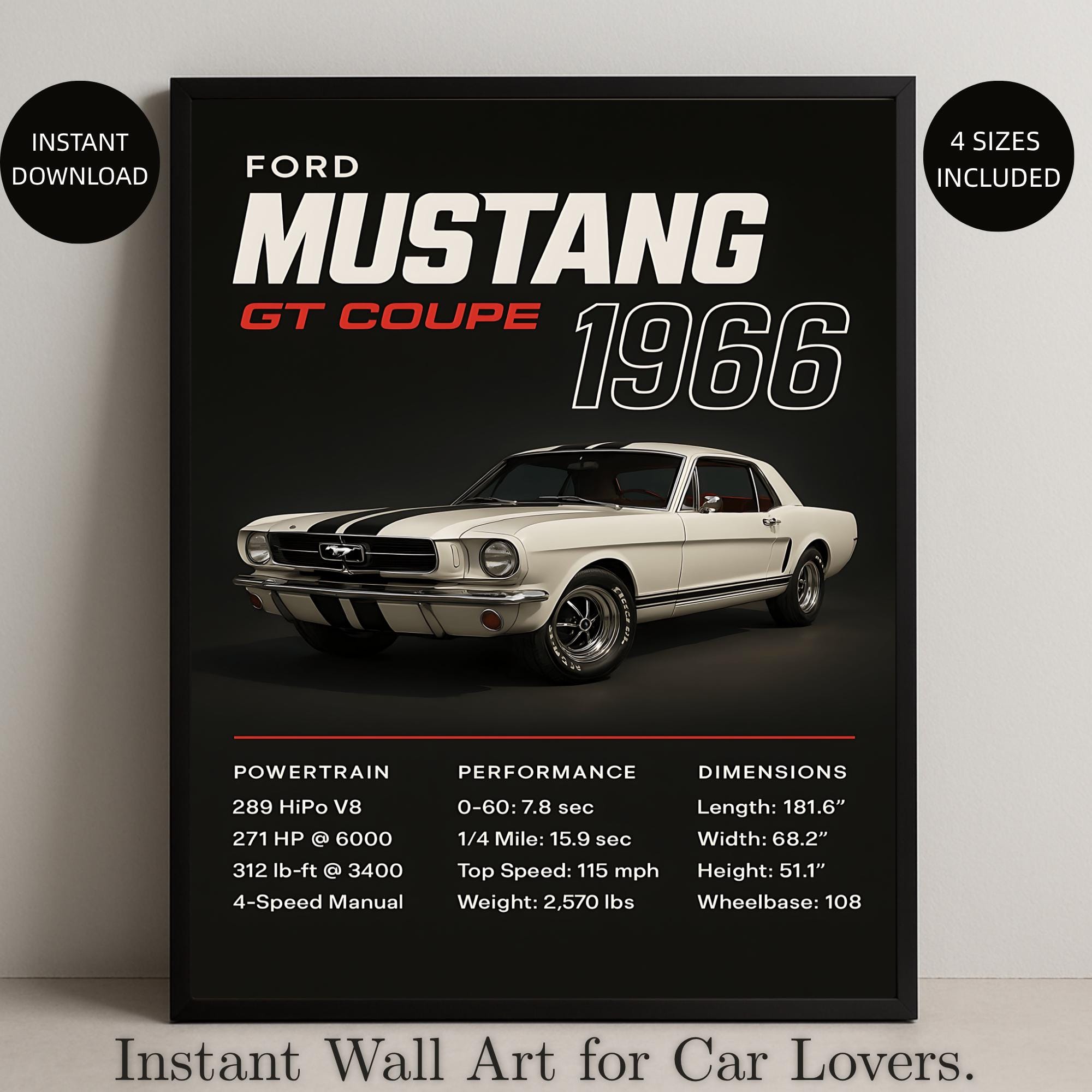 FORD　VintagePoster 1966 Ford Mustang Car Specs Poster – Classic American Car Poster