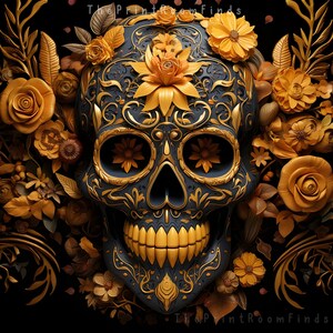 May include: A blue and gold sugar skull with intricate floral designs, surrounded by yellow flowers. The skull is decorated with gold accents and has a detailed design.