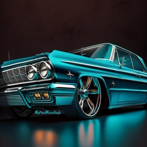 Digital Print Turquoise Chevy Impala - Classic 1964 Low Rider Profile Shot,Perfect Wall Decor for Car Enthusiasts and Vintage Collectors