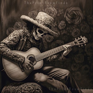 May include: A man wearing a black and white patterned jacket and a wide-brimmed hat with a skull face mask plays a brown acoustic guitar. The background is a wall of roses.