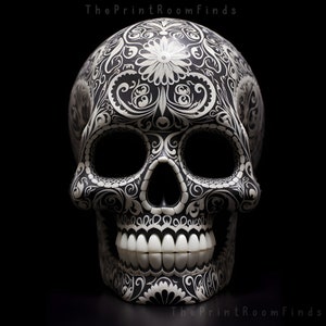 May include: A black and white sugar skull with intricate floral designs. The skull is decorated with white paint and has a detailed design.