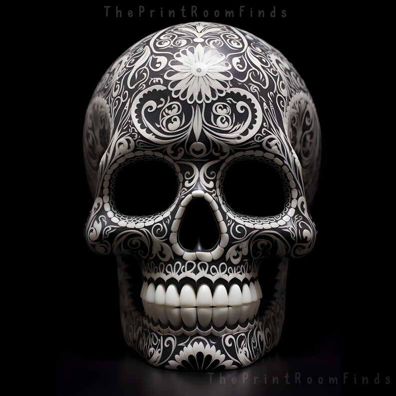 May include: A black and white sugar skull with intricate floral designs. The skull is decorated with white paint and has a detailed design.