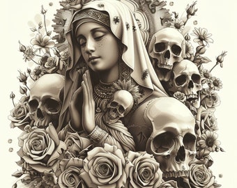 Chicano Art Inspired Skulls and Flowers featuring Virgin Mary | Skull Flower Art |  Tattoo Designs | Latino Art | Latina Wall Art | Chola