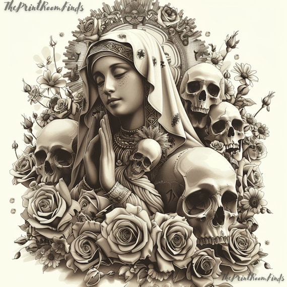 チカーノタトゥーフラッシュアート｜聖母マリアの頭蓋骨プリント