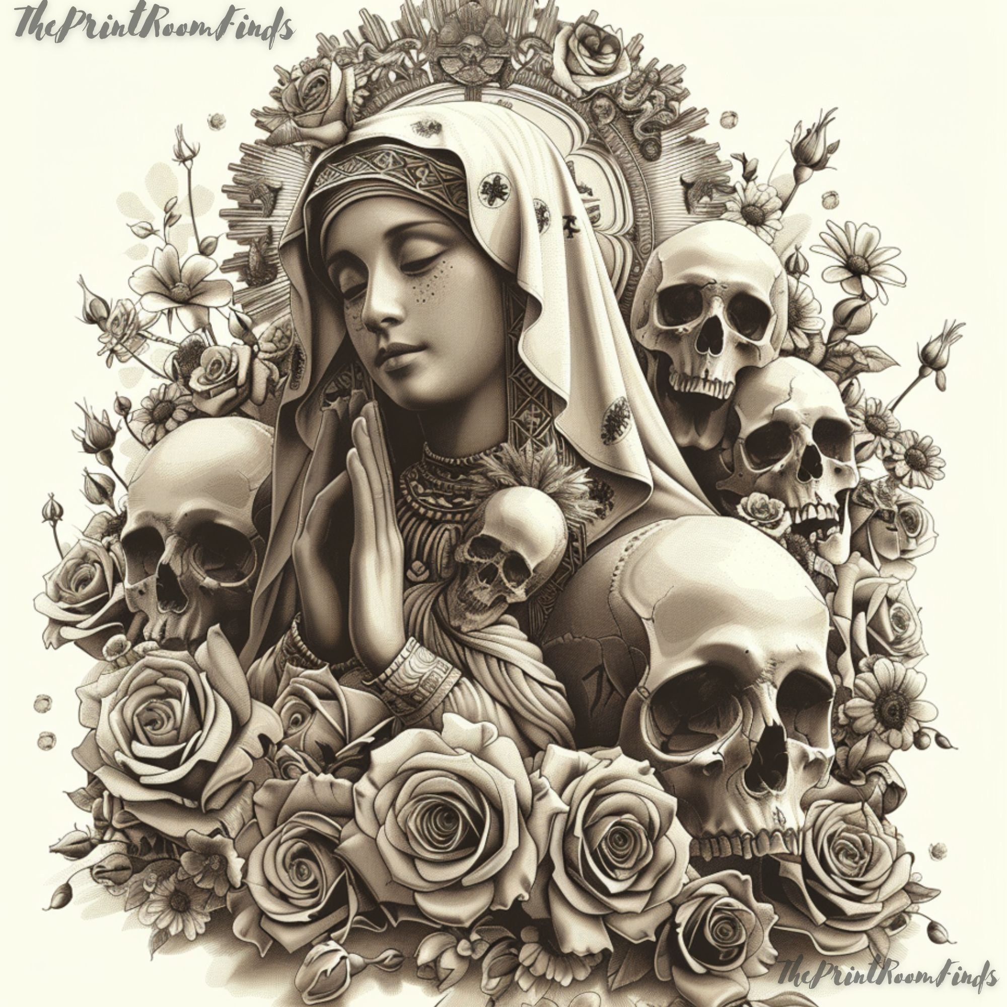 チカーノタトゥーフラッシュアート｜聖母マリアの頭蓋骨プリント