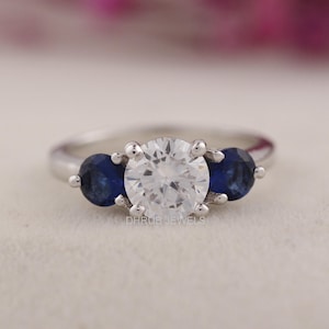 Three stone Moissanite Engagement Ring, 14K Gold Blue Sapphire Gemstone Ring, Anniversary Promise ring,  2 CT Round Cut Moissanite Ring
