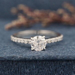 1.50 CT Round Cut Moissanite Diamond Engagement Ring, 14k Solid Gold Moissanite Ring for Wedding, Pave Set Side-Stone Moissanite Diamond