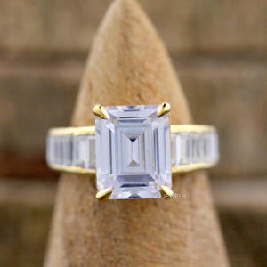 14K Solid Gold Emerald Cut Moissanite Diamond Engagement Ring, Baguette Diamond Set Halo Ring, 3.50CT Emerald Cut Ring For Wedding