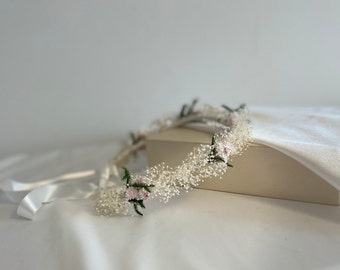 Coroa de flores secas para comunhão, coroa de flores secas para meninas, coroa de primeira comunhão, adorno de cabeça com flores secas, faixa de cabeça de batizado, coroa de flores