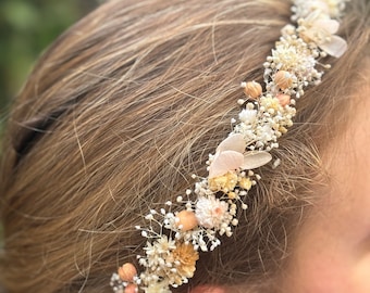 Coroa fina de flores secas, coroa de cabelo boho marfim e pêssego, coroa de flores babys breath, faixa de cabeça de flores boho, halo de noiva, dama de honra, florista