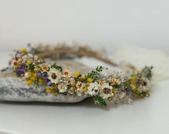 Meadow flower crown for bride, Dried flower hair crown, Folk wedding flower crown, Colorful wedding hair crown, Wild flower Hair Crown