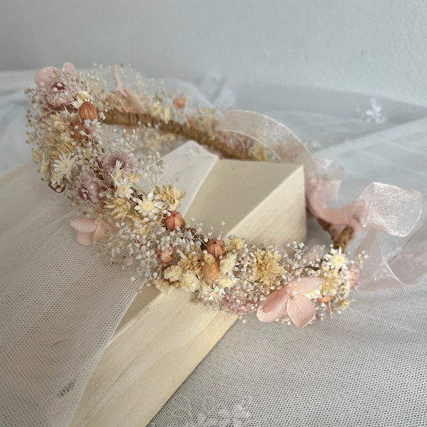 Couronne de fleurs séchées, couronne nuptiale de souffle de bébé séché et couronne de fleurs séchées en ivoire et pêche, couronne de mariage boho nuptiale / couronne de fleurs boho