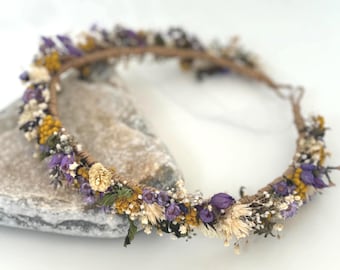 Bridal floral hair wreath Wedding flower halo Dried flower crown Natural bridal flower headpiece Yellow /lavender/ivory flower headband