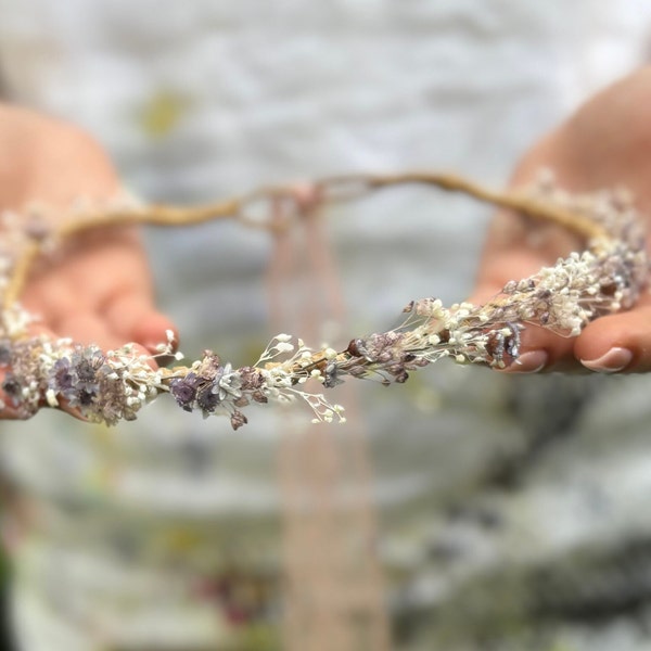 Thin Crown of dried Flowers, White and lavender bridal crown, Floral Bride Crown,Dried flower Headpieces, Bridal Headpieces, Communion crown