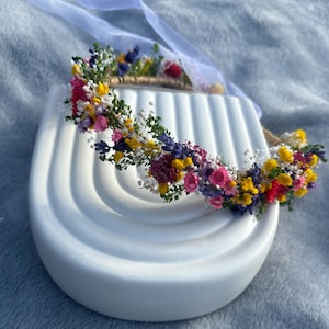 Corona de flores secas, diadema nupcial colorida, corona de flores secas de pradera, corona de flores secas arcoíris, boda folclórica, diadema infantil