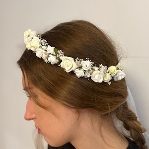 First Holy Communion flower headband white&ivory rose,head wreath for the bride,Floral Halo,Weeding flower crown,baby&#39;s breath flower crown