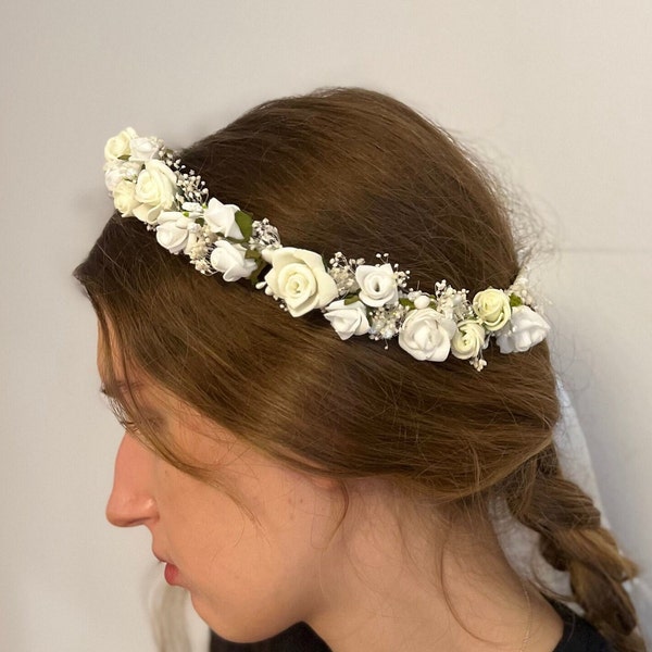 Bandeau de fleur de première communion blanc et rose ivoire, couronne de tête pour la mariée, halo floral, couronne de fleurs de désherbage, couronne de fleurs de souffle de bébé