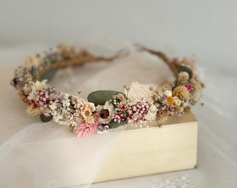 Dried flower headband,Bridal Wildflower Hair Wreath Dried Flower Girl Crown,Boho Bridal Headpiece,Boho Wedding Headband,Meadow flower crown
