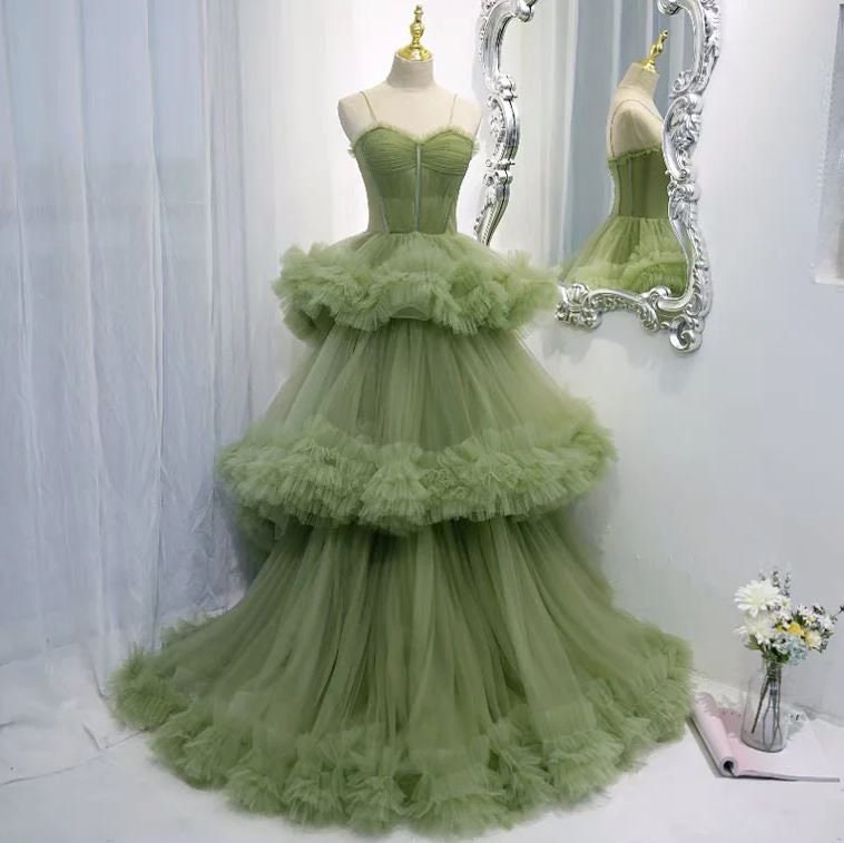 Light Green Layers Tulle Sweetheart Long Formal Dresses, Tulle Wedding –  Cutedressy