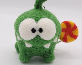 Om Nom Felt Keychain | Handmade Cut the Rope Bag Charm | Felted Gaming Nerd Gift Pendant