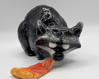 Fast Food Raccoon Figurine with Pizza, Funny Gift, Handmade Decoration, Glow-in-the-Dark Eyes, Cheeky Raccoon, Unique Item