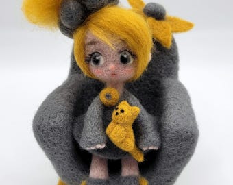 Needle-felted doll with armchair, felt art, girl in chair, gift idea for doll collectors & decor enthusiasts, handmade decor set in grey and yellow