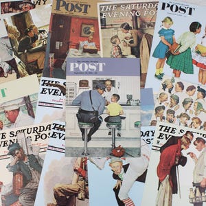 Lot mixte d'impressions sur papier cartonné Norman Rockwell 7 1/4 x 5 1/2 Scrapbook Ephemera Saturday Evening Post