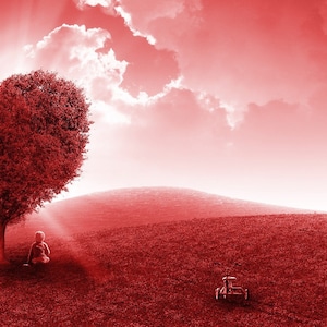 May include: A red heart-shaped tree in a red field with a person sitting under it. The sky is red with white clouds.
