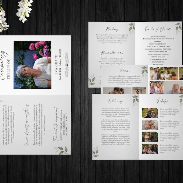 8 Page Funeral Program Template Editable in Canva - Funeral Template Printable, Editable Bi-Fold Obituary Funeral Template