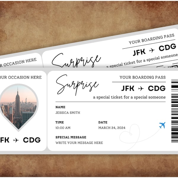 Plantilla de tarjeta de embarque editable: billete de avión imprimible, billete de viaje sorpresa, diseño a dos caras en Canva