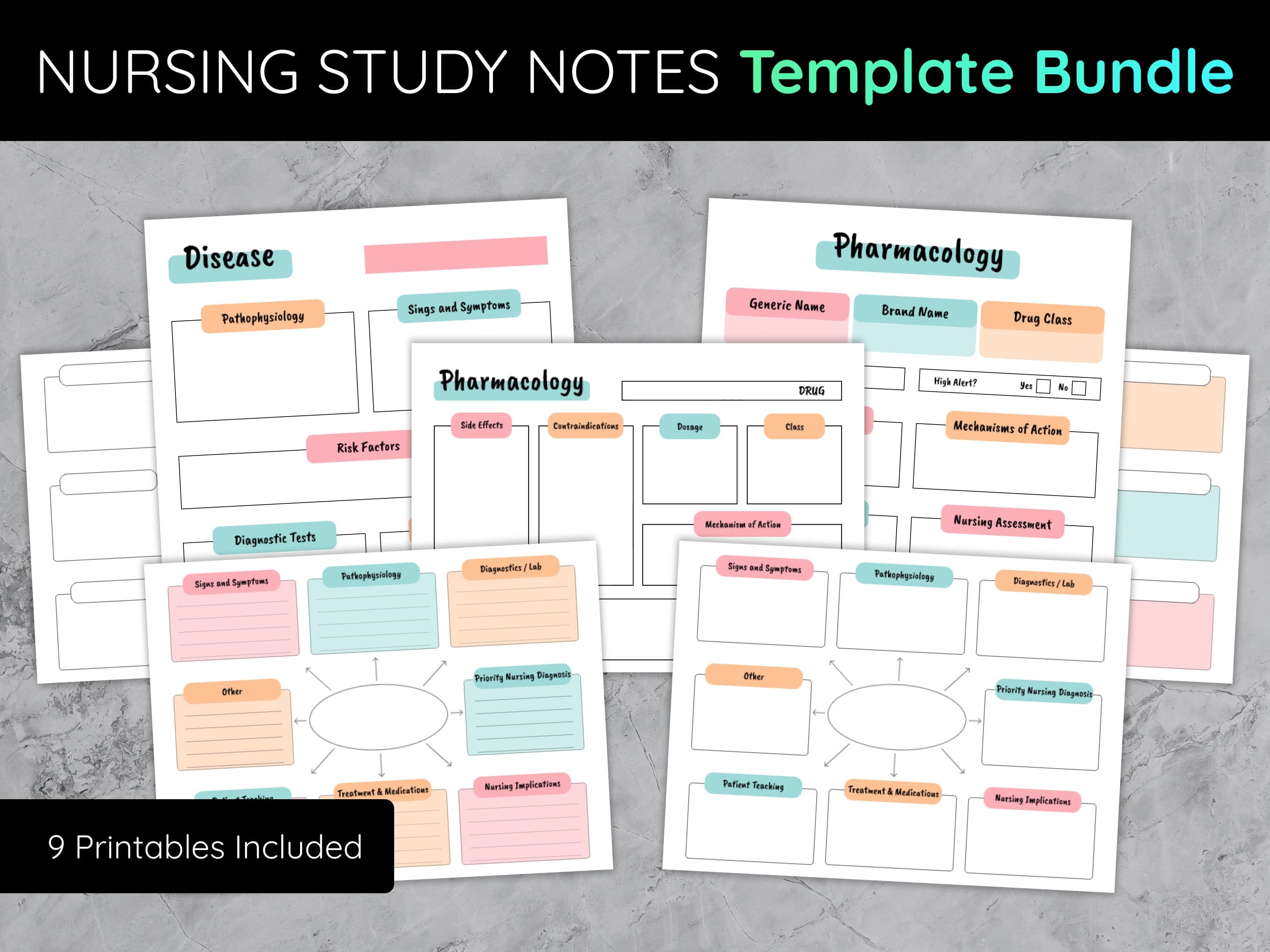 Printable Nurse Student Study Guide Nursing Notes BUNDLE Concept Map