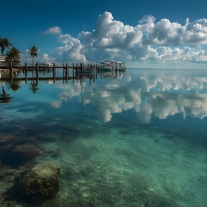 May include: A calm coastal scene featuring a wooden pier extending into clear turquoise water. A white house and palm trees are visible on the left shore. The bright blue sky with fluffy white clouds is reflected perfectly on the still water surface.