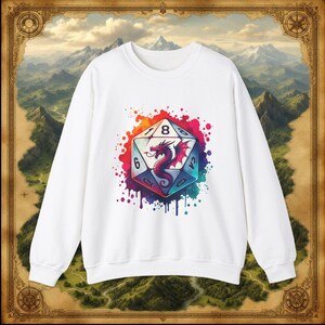DnD Tabletop Gamer Sweatshirt, RPG Game Night Pullover, Gaming Apparel, Geek Nerd Gift, Fantasy Adventure Crewneck, Dice Dragon Watercolor