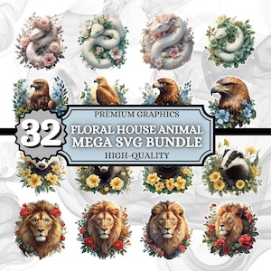May include: A digital art bundle featuring 32 floral animal designs. The collection includes illustrations of snakes, eagles, lions, and other animals, each adorned with floral arrangements. The text reads "Premium Graphics, Floral House Animal Mega SVG Bundle, High-Quality."