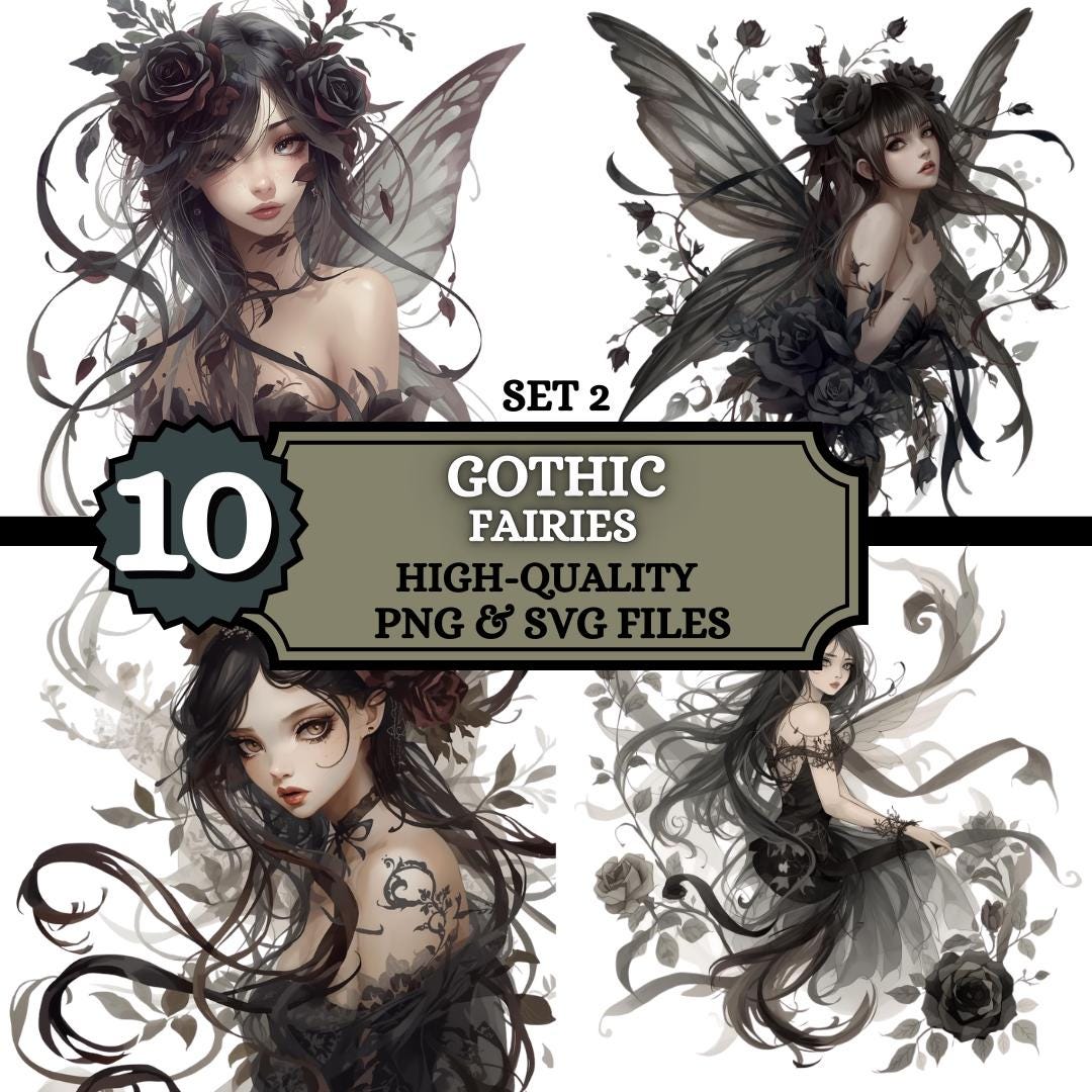 Gothic Fairy Clipart Set 2 PNG SVG, Dark Floral Fairies, Fantasy Goth ...