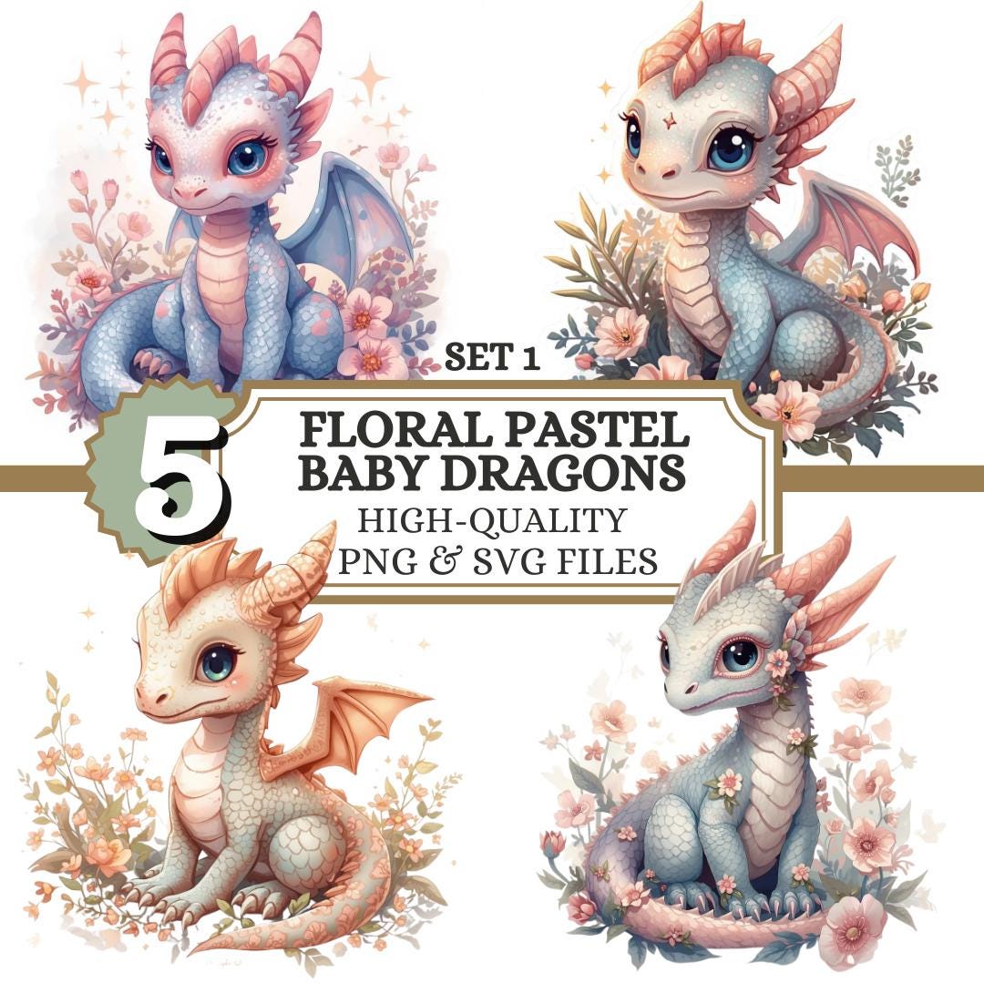 Pastel Baby Dragon Clipart Bundle PNG SVG | Cute Kawaii Fantasy Dragons ...