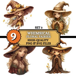 Puede incluir: Ilustración digital de cuatro hadas florales caprichosas, con grandes sombreros y vestidos fluidos. La imagen incluye el texto "Whimsical Floral Fairies" y "High-Quality PNG & SVG Files". Un conjunto de nueve imágenes digitales.