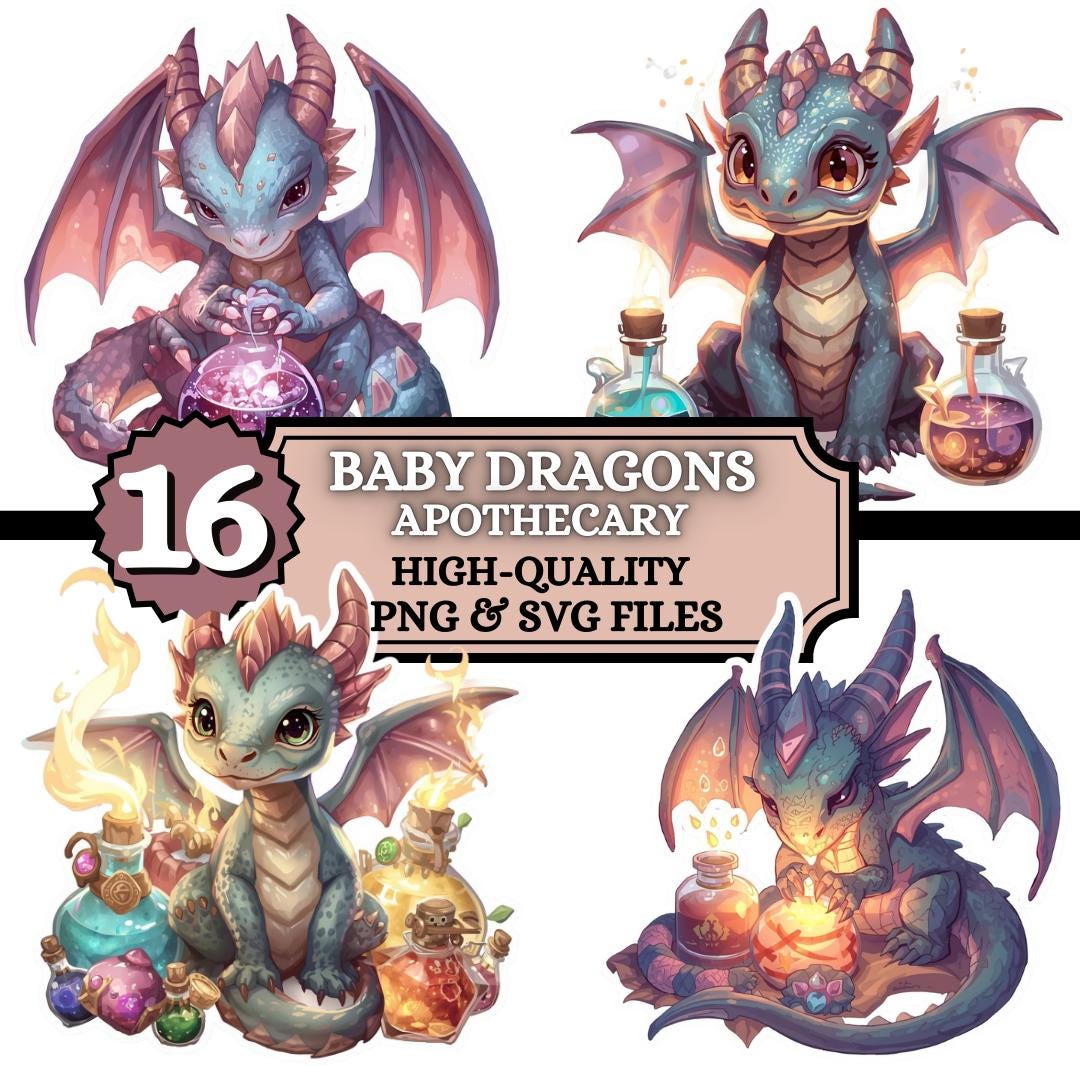 Cute Baby Dragons With Potions PNG SVG Bundle, Kawaii Dragon Clipart ...