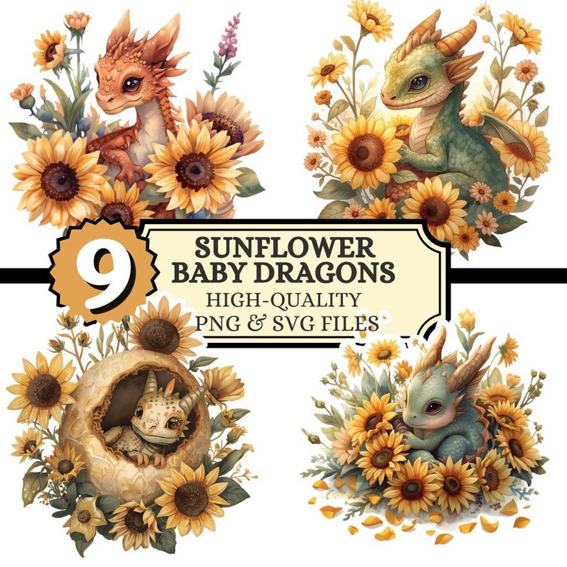 Sunflower Baby Dragon Hatchlings PNG SVG Bundle, Cute Floral Dragon ...
