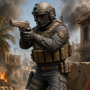 May include: A tactical figure in a dark blue uniform, olive drab vest, and helmet with goggles, holding a tan semi-automatic pistol. The gear includes multiple pouches, a belt, and a circular patch on the shoulder. The figure is positioned in a combat zone.