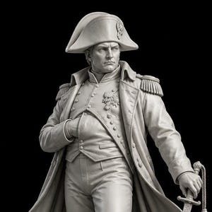 Pode incluir: Uma estatueta cinza monocromática de um líder militar histórico usando um chapéu bicórnio, um casaco comprido com dragonas e um colete. A figura tem uma mão enfiada no casaco e a outra mão segura o punho de uma espada ao lado.