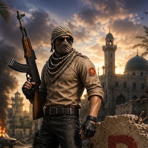 May include: A figure wearing a tan button-down shirt with a red circular patch, dark trousers, and a black and white checkered keffiyeh covering the face. The figure holds a black rifle in a war-torn urban setting with a mosque and Arabic signage.