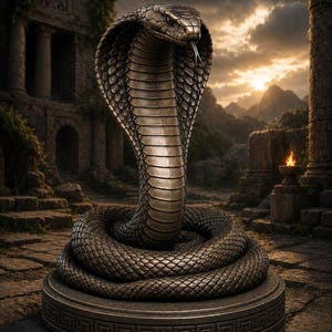 May include: A bronze-toned cobra statue in a coiled position with its hood flared and tongue extended. The snake rests on a circular pedestal featuring a geometric Greek key pattern around the base, showcasing detailed scales and a metallic finish.